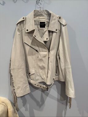 Nasty Gal Collection White Leather Moto Fringe Jacket Size XL